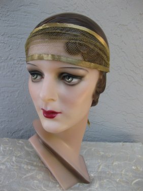 1920s Flapper Art Deco Gold Lame Tulle Headband Headpiece Bandeau - $360.12