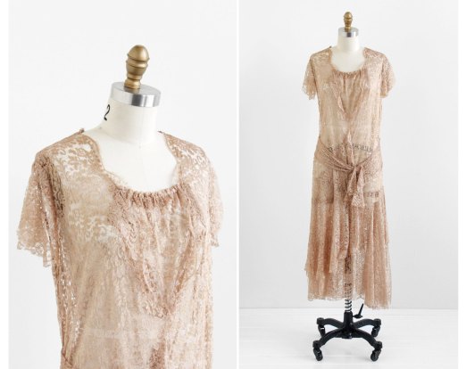 Champagne Silk Lace Flapper Dress - $436.26 CAD